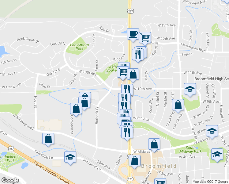 map of restaurants, bars, coffee shops, grocery stores, and more near 1998 West 10th Avenue in Broomfield