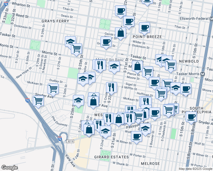 map of restaurants, bars, coffee shops, grocery stores, and more near 2220 Mifflin Street in Philadelphia