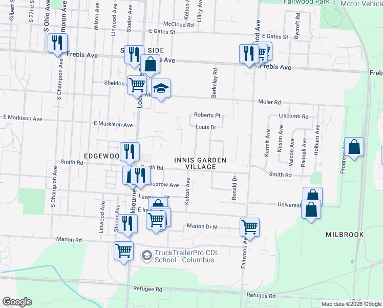 map of restaurants, bars, coffee shops, grocery stores, and more near 1841 Kelton Avenue in Columbus