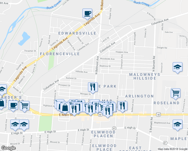 map of restaurants, bars, coffee shops, grocery stores, and more near 519 N Belmont Ave in Springfield