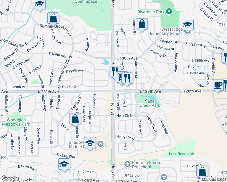 map of restaurants, bars, coffee shops, grocery stores, and more near Holly St & E 128th Ave in Thornton