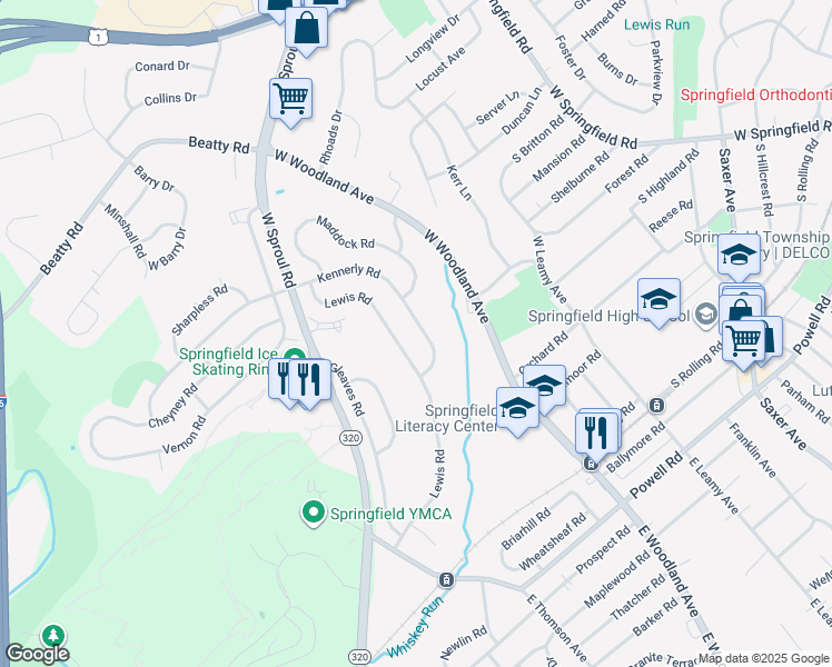map of restaurants, bars, coffee shops, grocery stores, and more near 334 Kennerly Road in Springfield