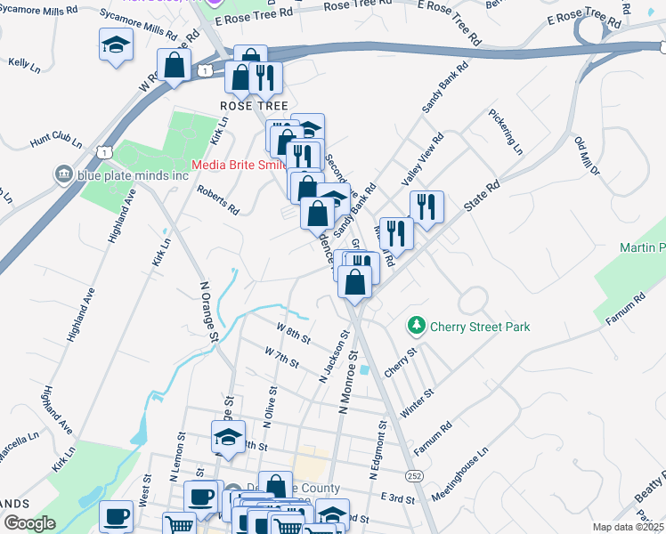 map of restaurants, bars, coffee shops, grocery stores, and more near 1 East Ridge Road in Media