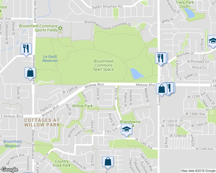 map of restaurants, bars, coffee shops, grocery stores, and more near 4261 Broemel Avenue in Broomfield