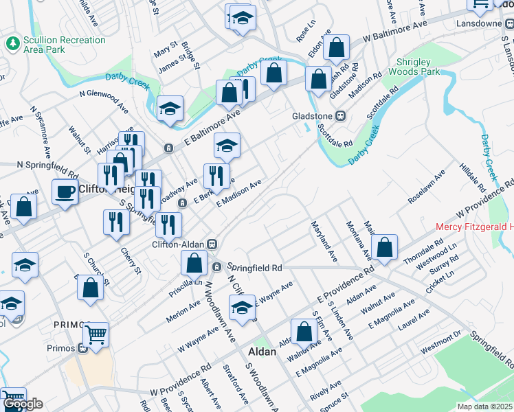 map of restaurants, bars, coffee shops, grocery stores, and more near 111 West Maryland Avenue in Aldan