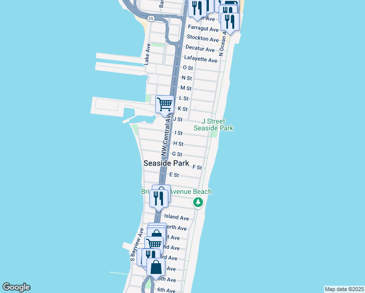 map of restaurants, bars, coffee shops, grocery stores, and more near 41 H Street in Seaside Park