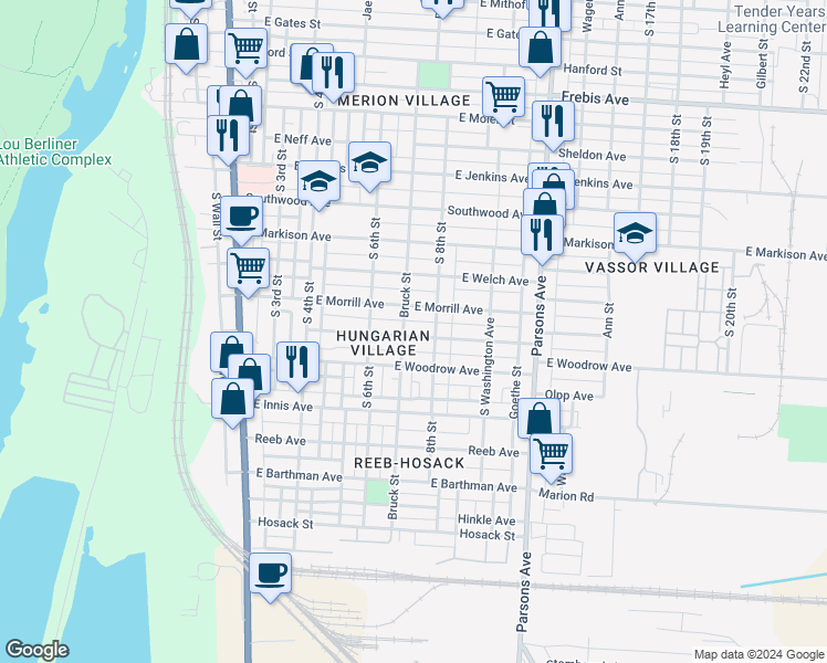 map of restaurants, bars, coffee shops, grocery stores, and more near 246 East Hinman Avenue in Columbus
