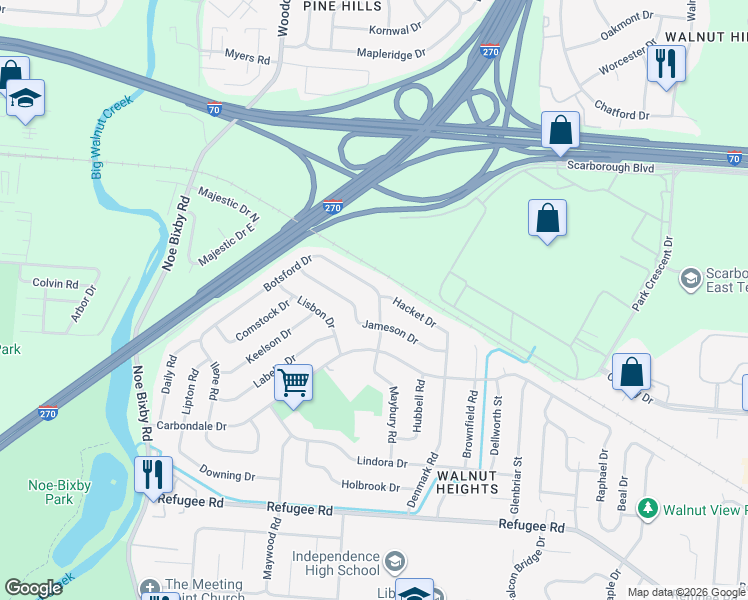 map of restaurants, bars, coffee shops, grocery stores, and more near 5179 Hacket Drive in Columbus