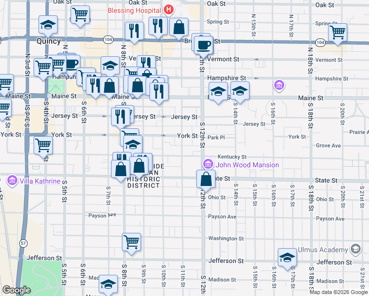 map of restaurants, bars, coffee shops, grocery stores, and more near 321 South 11th Street in Quincy