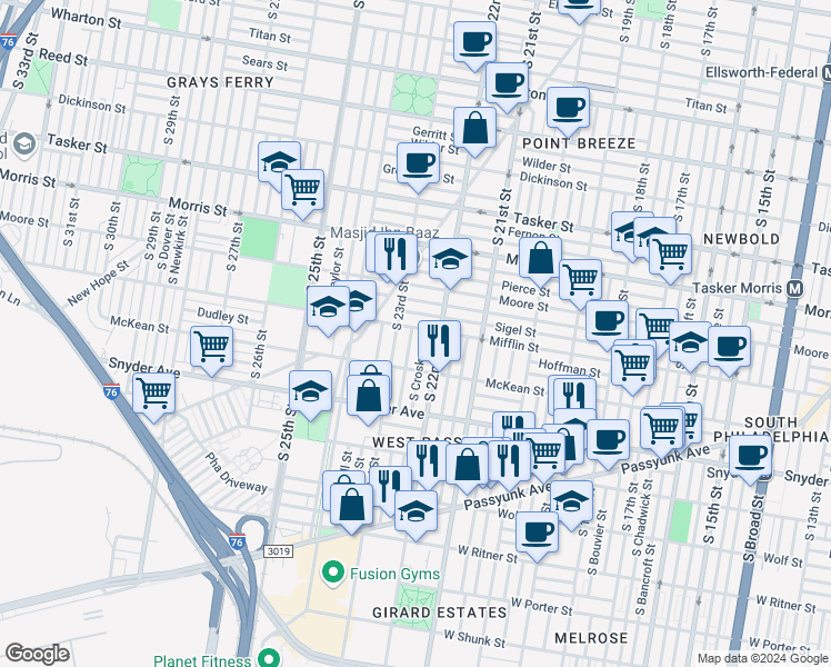 map of restaurants, bars, coffee shops, grocery stores, and more near 2224 Mifflin Street in Philadelphia