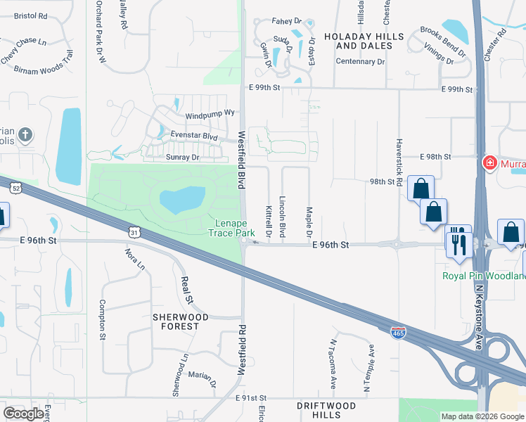 map of restaurants, bars, coffee shops, grocery stores, and more near 9646 Kittrell Drive in Indianapolis