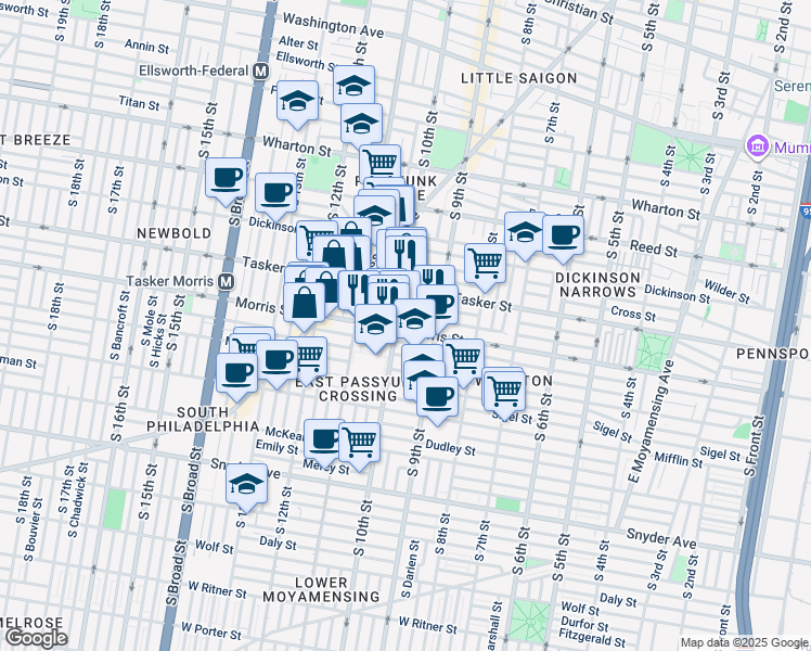 map of restaurants, bars, coffee shops, grocery stores, and more near 939 Morris Street in Philadelphia