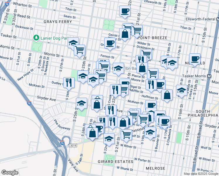 map of restaurants, bars, coffee shops, grocery stores, and more near 2224 Mifflin Street in Philadelphia