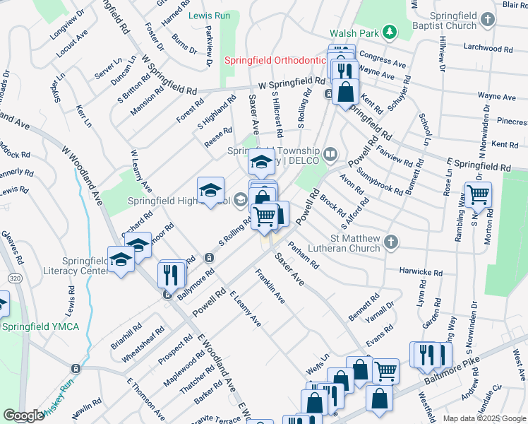 map of restaurants, bars, coffee shops, grocery stores, and more near 144 Saxer Avenue in Springfield