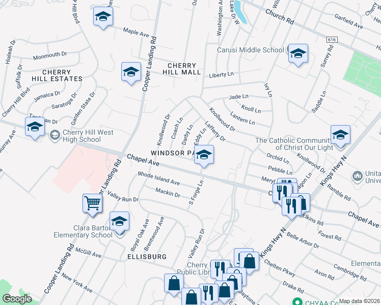 map of restaurants, bars, coffee shops, grocery stores, and more near 4 Eddy Lane in Cherry Hill