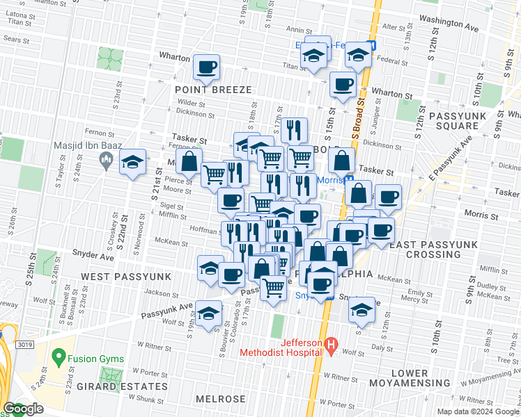 map of restaurants, bars, coffee shops, grocery stores, and more near 1806 South 17th Street in Philadelphia