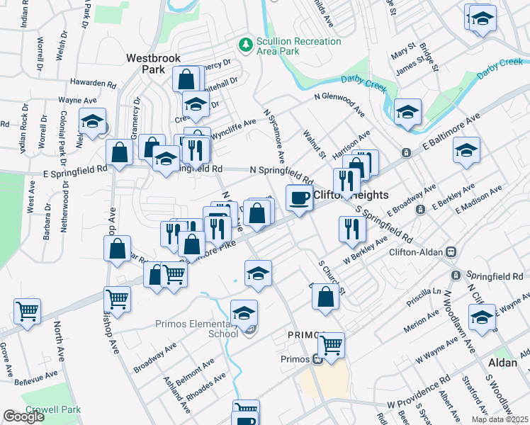 map of restaurants, bars, coffee shops, grocery stores, and more near 234 High Street in Clifton Heights