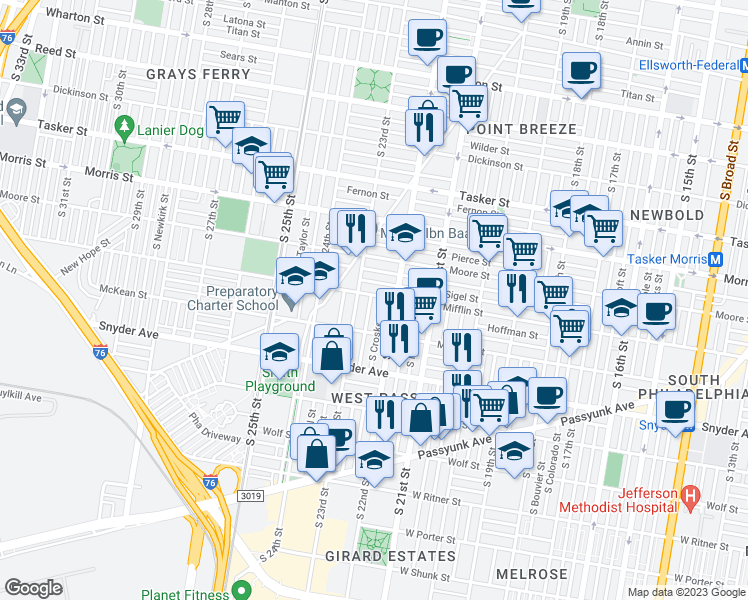 map of restaurants, bars, coffee shops, grocery stores, and more near 2226 Mifflin Street in Philadelphia