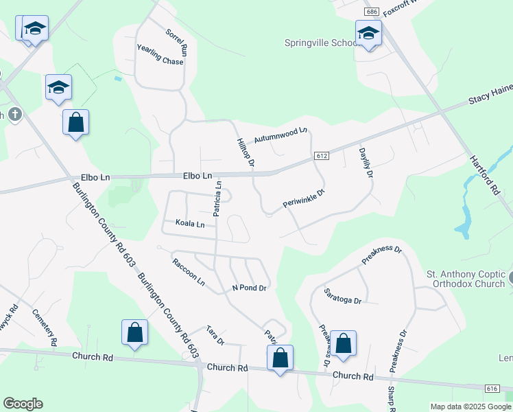 map of restaurants, bars, coffee shops, grocery stores, and more near 9 Periwinkle Drive in Mount Laurel Township