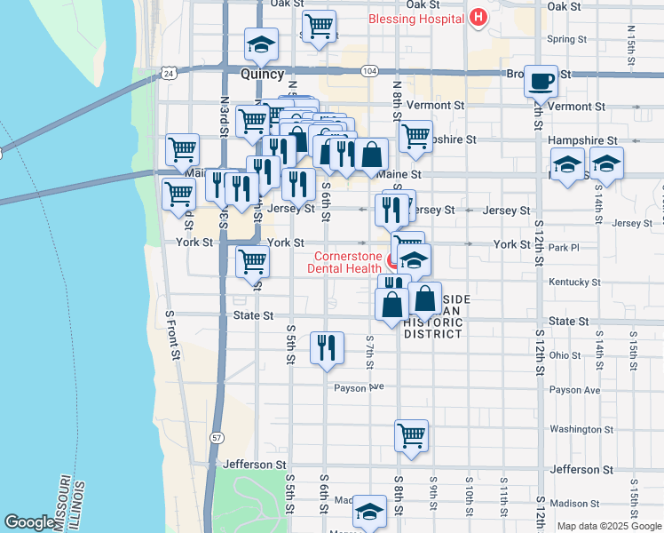 map of restaurants, bars, coffee shops, grocery stores, and more near 330 South 6th Street in Quincy
