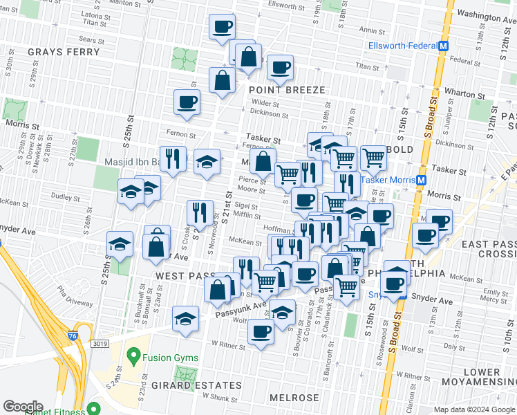 map of restaurants, bars, coffee shops, grocery stores, and more near S 20th St & Sigel St in Philadelphia