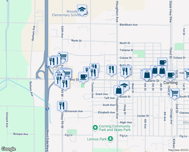 map of restaurants, bars, coffee shops, grocery stores, and more near 1936 Solano St in Corning