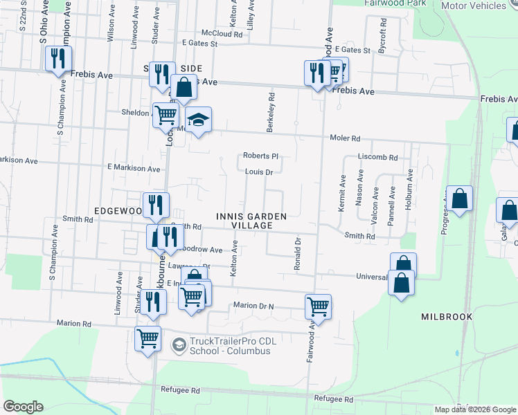 map of restaurants, bars, coffee shops, grocery stores, and more near 1833 Berkeley Road in Columbus
