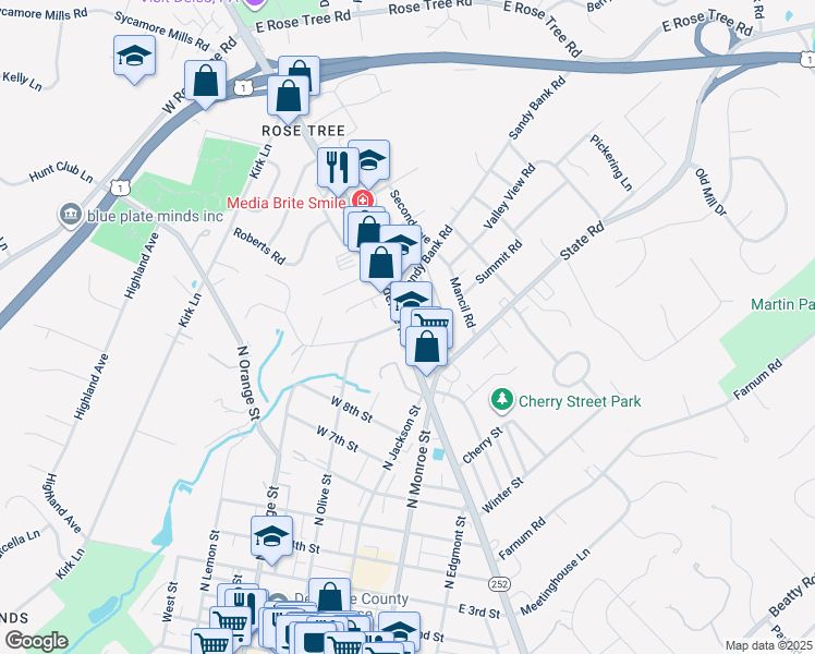 map of restaurants, bars, coffee shops, grocery stores, and more near 1 East Ridge Road in Media