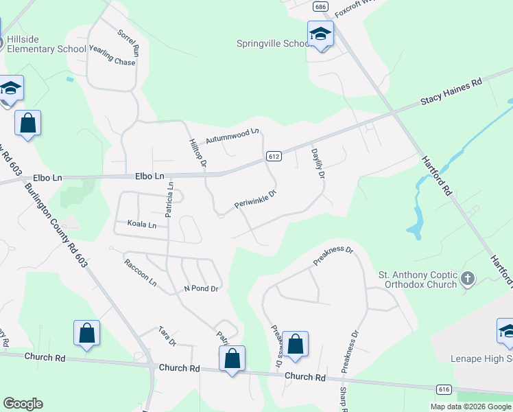 map of restaurants, bars, coffee shops, grocery stores, and more near 27 Periwinkle Drive in Mount Laurel Township