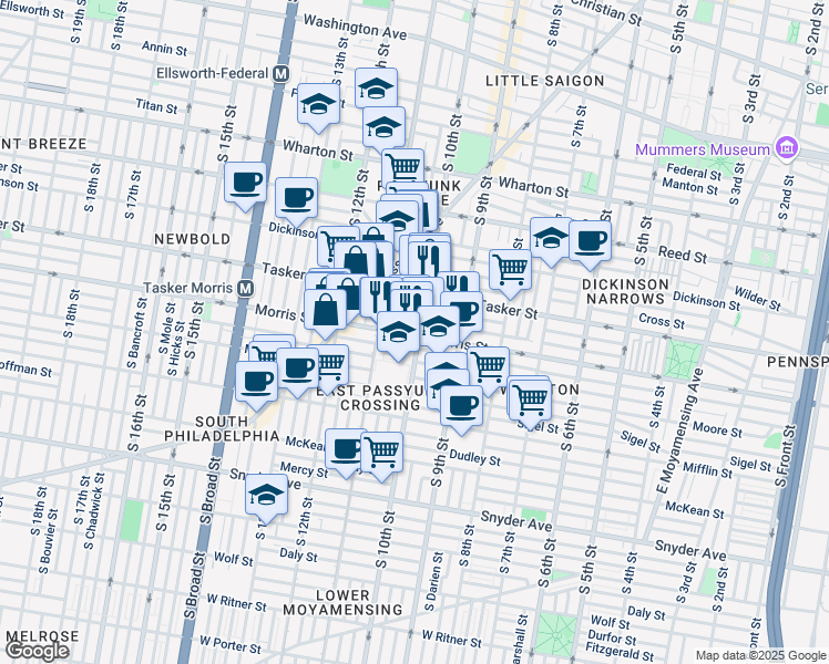 map of restaurants, bars, coffee shops, grocery stores, and more near 1640 South 10th Street in Philadelphia
