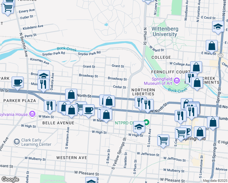 map of restaurants, bars, coffee shops, grocery stores, and more near 617 Cedar Street in Springfield
