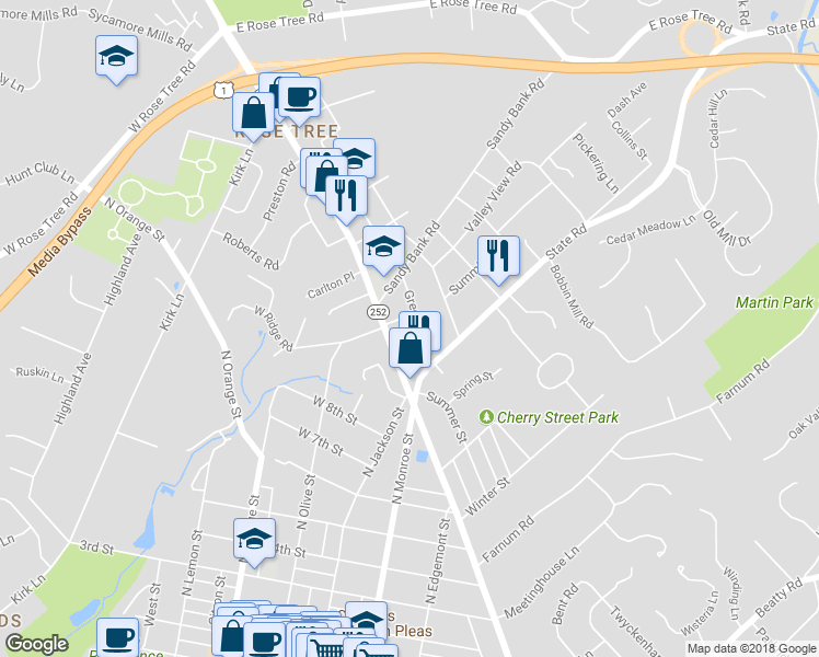 map of restaurants, bars, coffee shops, grocery stores, and more near 30 Greenhill Road in Media