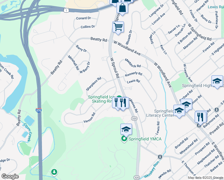 map of restaurants, bars, coffee shops, grocery stores, and more near 506 Cheyney Road in Springfield
