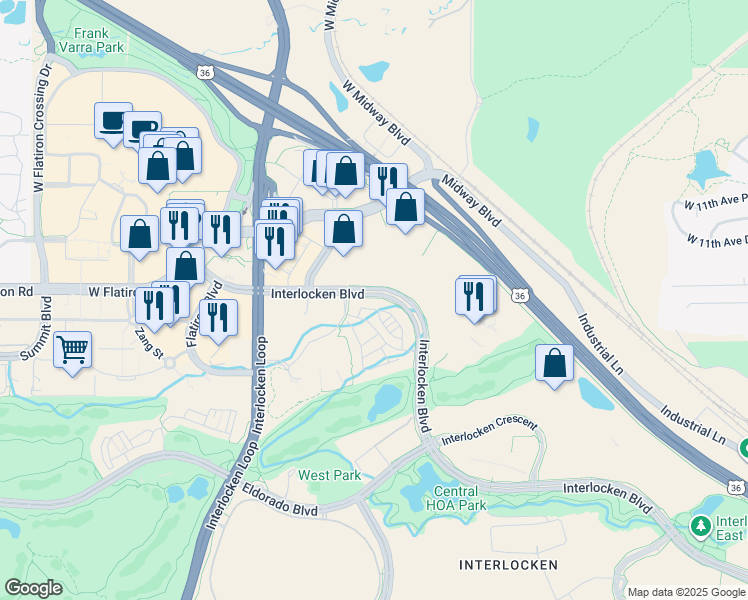 map of restaurants, bars, coffee shops, grocery stores, and more near 559-573 Interlocken Boulevard in Broomfield