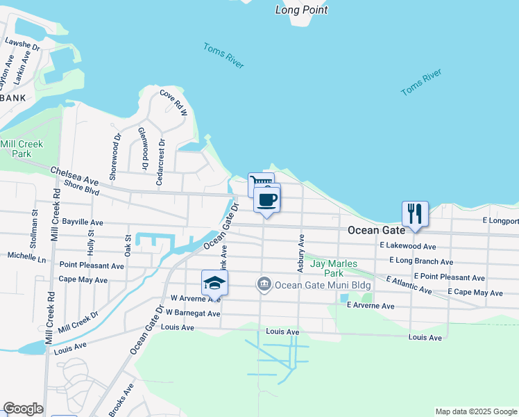 map of restaurants, bars, coffee shops, grocery stores, and more near 219 Ocean Gate Avenue in Ocean Gate
