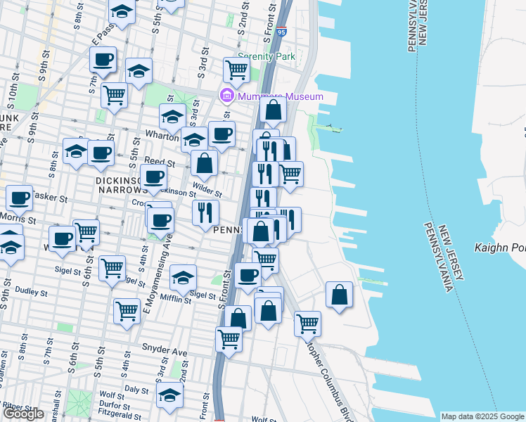 map of restaurants, bars, coffee shops, grocery stores, and more near 1500 South Christopher Columbus Boulevard in Philadelphia