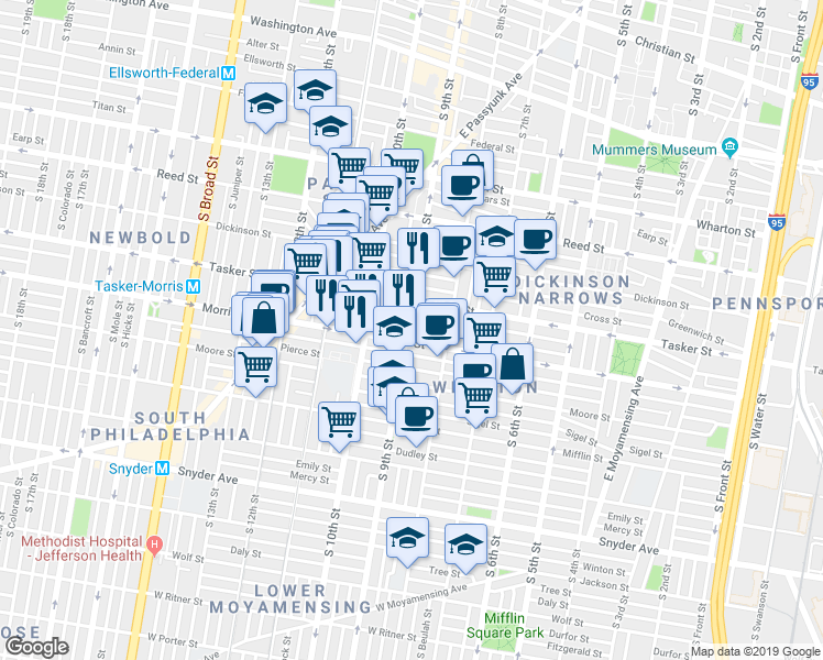 map of restaurants, bars, coffee shops, grocery stores, and more near 908 Mountain Street in Philadelphia