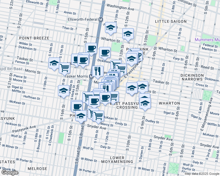 map of restaurants, bars, coffee shops, grocery stores, and more near 1719 South 13th Street in Philadelphia