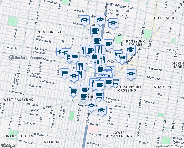 map of restaurants, bars, coffee shops, grocery stores, and more near 1402 Castle Avenue in Philadelphia