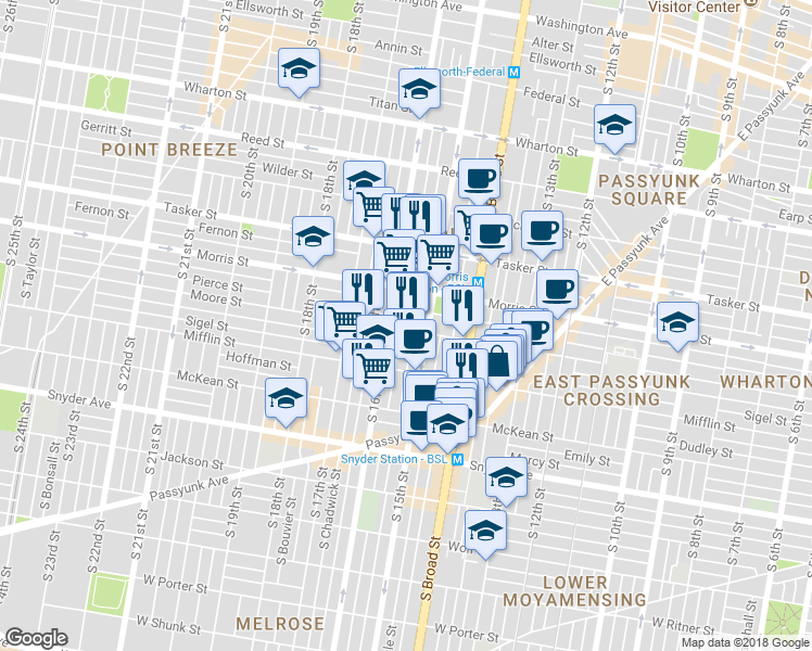 map of restaurants, bars, coffee shops, grocery stores, and more near 1751 South Hicks Street in Philadelphia