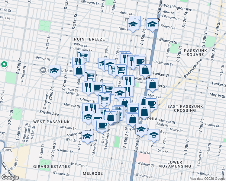map of restaurants, bars, coffee shops, grocery stores, and more near 1804 South 17th Street in Philadelphia