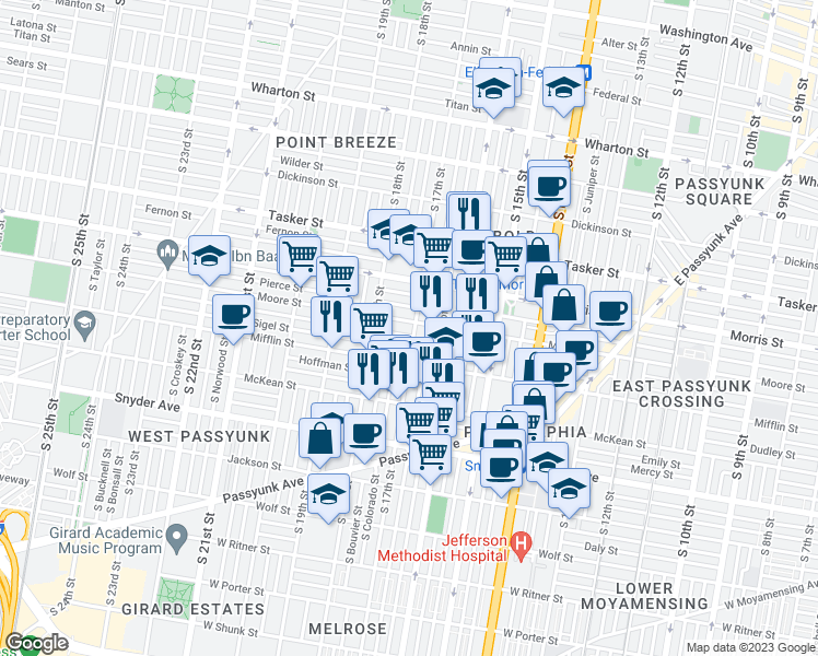 map of restaurants, bars, coffee shops, grocery stores, and more near 1804 South 17th Street in Philadelphia