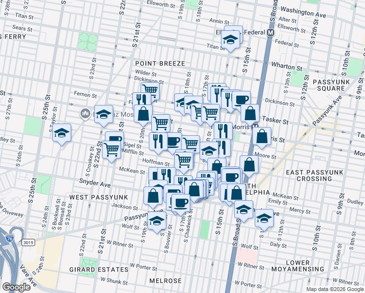 map of restaurants, bars, coffee shops, grocery stores, and more near 1812 South 18th Street in Philadelphia
