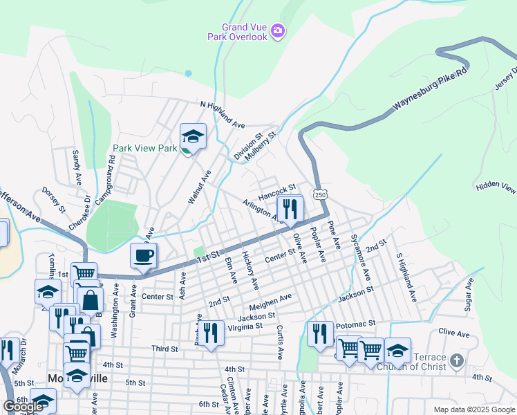 map of restaurants, bars, coffee shops, grocery stores, and more near 70 Arlington Ave in Moundsville