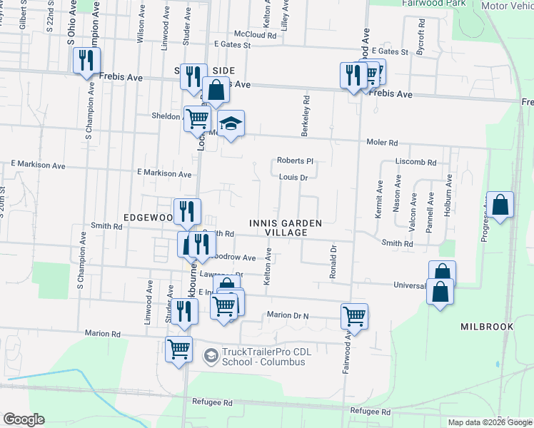 map of restaurants, bars, coffee shops, grocery stores, and more near 1841 Kelton Avenue in Columbus