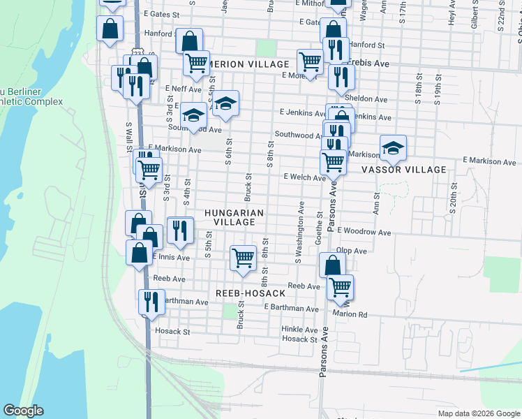 map of restaurants, bars, coffee shops, grocery stores, and more near 246 East Hinman Avenue in Columbus