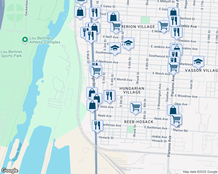 map of restaurants, bars, coffee shops, grocery stores, and more near 1649 South 4th Street in Columbus