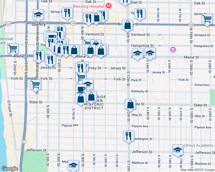 map of restaurants, bars, coffee shops, grocery stores, and more near 317 South 10th Street in Quincy