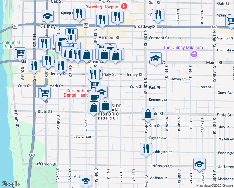 map of restaurants, bars, coffee shops, grocery stores, and more near 911 Kentucky Street in Quincy