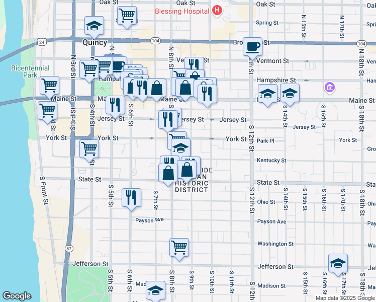 map of restaurants, bars, coffee shops, grocery stores, and more near 327 South 8th Street in Quincy